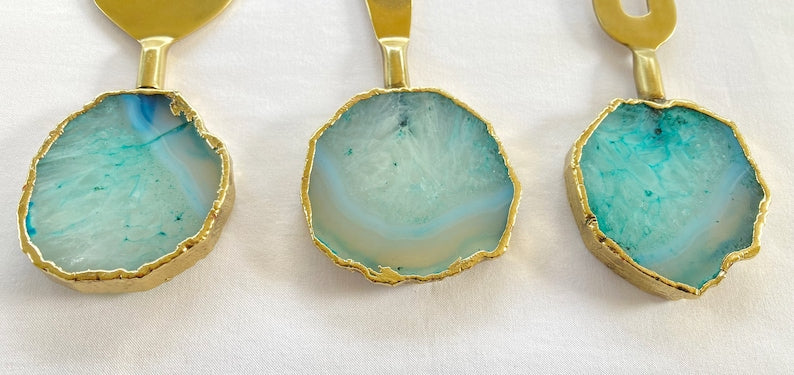 Set of 3 Aqua Agate Cheese Knives/Spreaders
